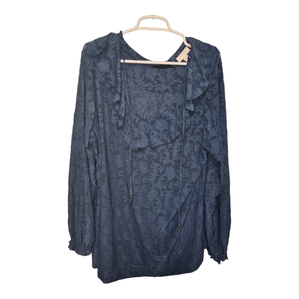 Susan Graver 2X Blue Burnout Blouse Ruffle V Neck Flowy Top